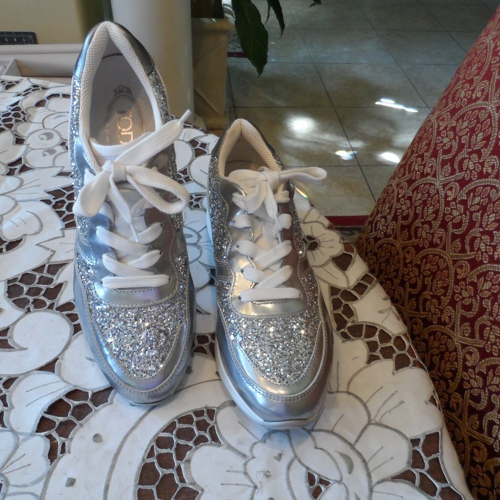 Tod's Silver-White Leather w/Glitter Embellished Sneakers Size 38